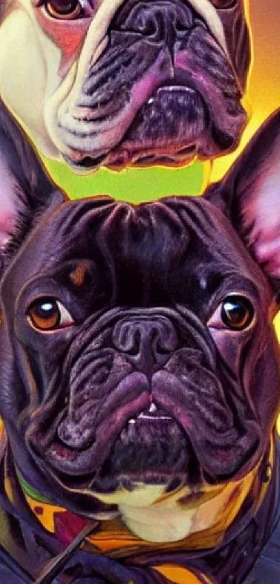 Vibrant artistic portrayal of two French Bulldogs with a colorful background.