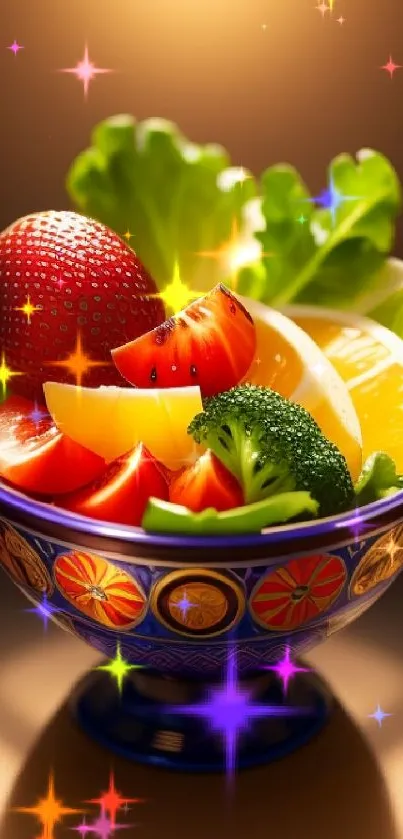 Colorful bowl of fresh fruit and vegetables, vibrant and decorative.