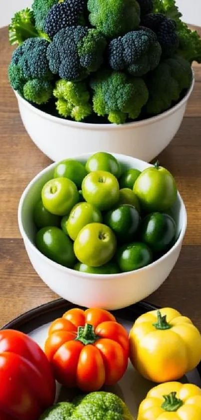 Bowls of broccoli, limes, and bell peppers on a wooden table.