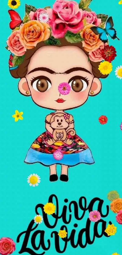 Frida Kahlo cartoon with flowers on turquoise background.