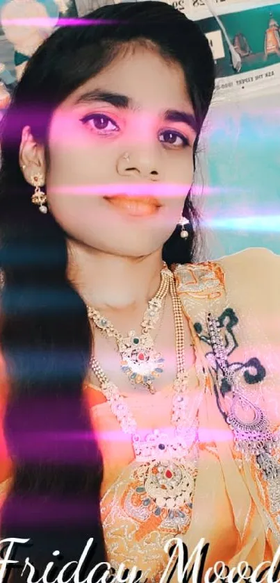 Vibrant portrait of a woman in traditional attire with neon pink accents.