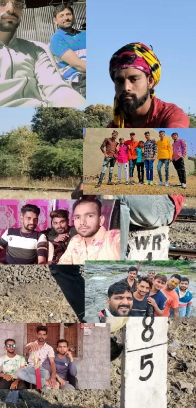 Collage of friends in vibrant settings with colorful and outdoor themes.