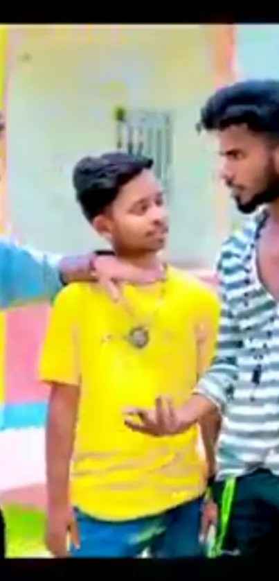 Three friends in colorful attire having a lively outdoor chat.