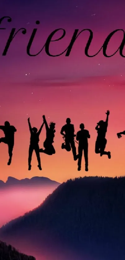 Friends jumping silhouette at sunset