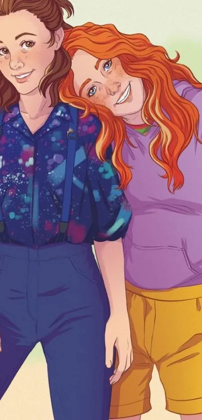 Colorful illustration of two friends in vibrant attire.