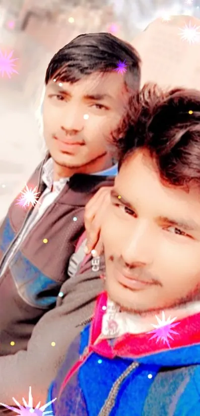 Smiling friends selfie with colorful star effects in vibrant mobile wallpaper.