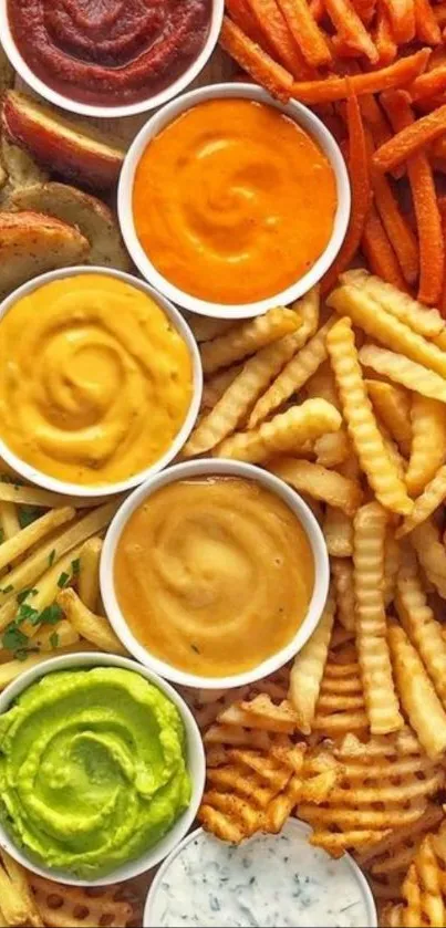 Colorful array of fries and dips in a vibrant mobile wallpaper.