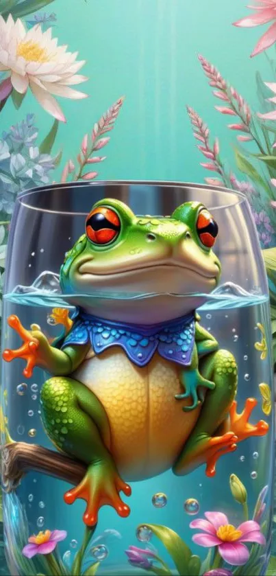 Frog in a glass surrounded by flowers with vibrant colors.