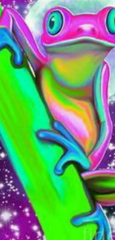 Neon frog artwork with cosmic theme on smartphone wallpaper.