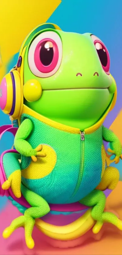 Cute cartoon frog with headphones on a colorful background.