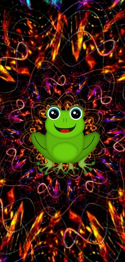 Colorful kaleidoscope wallpaper with a cartoon frog in the center.