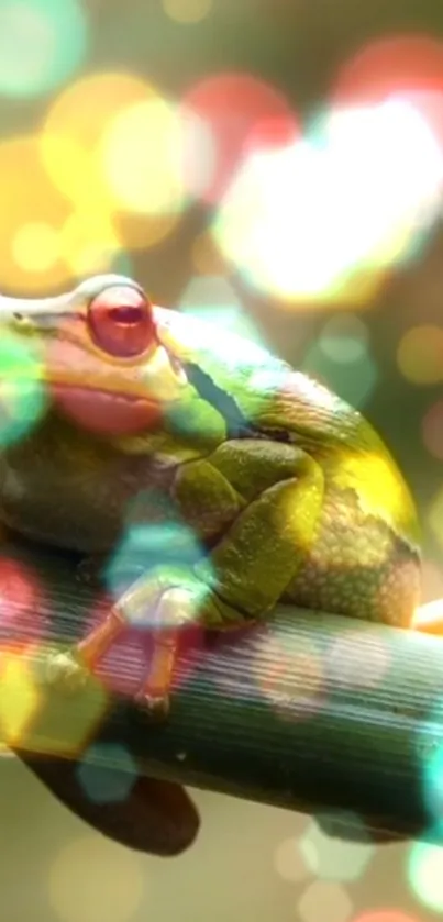 A vibrant tree frog sits on bamboo with a bokeh effect in the background.