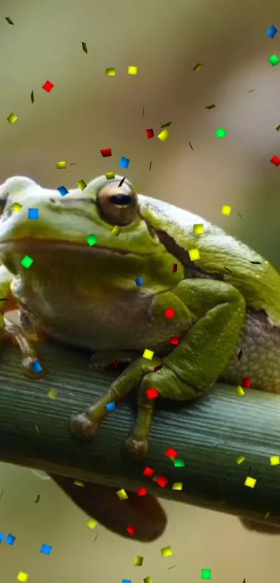 Green tree frog with colorful confetti on bamboo branch, perfect for vibrant decoration.