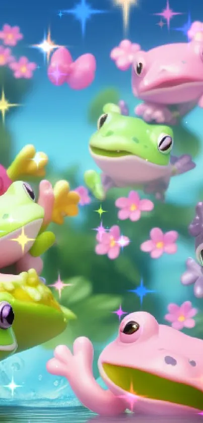 Playful cartoon frogs with flowers on a vibrant nature background.