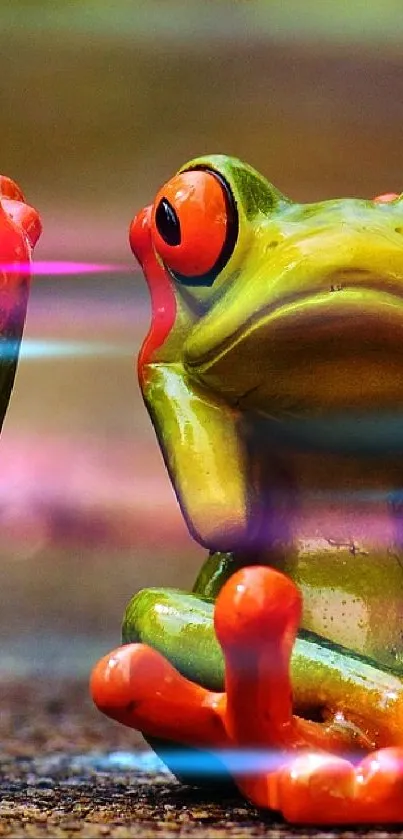 Three colorful frog sculptures on a vibrant background.