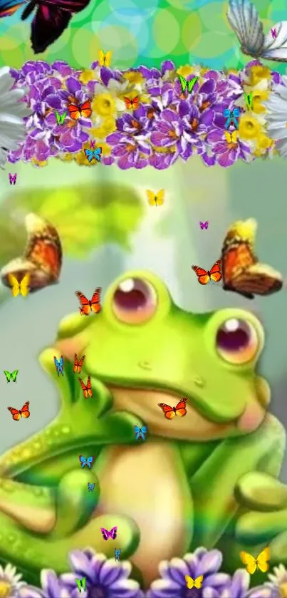 A cute frog surrounded by colorful butterflies and flowers on a mobile wallpaper.