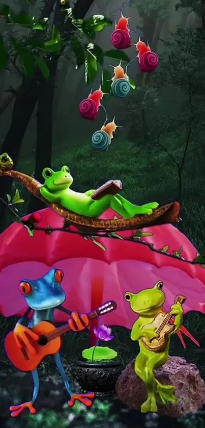 Vivid wallpaper of frogs with guitars in a lush, magical forest scene.