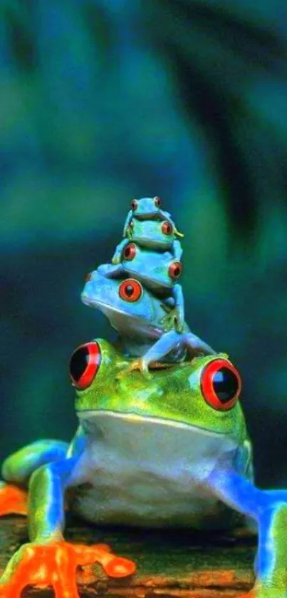 Vibrant and colorful frogs stacking in lush jungle setting.