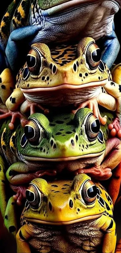 A vibrant stack of colorful frogs against a dark background for mobile wallpaper.