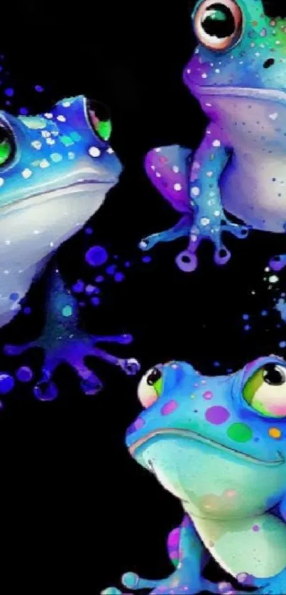 Colorful artistic frogs on black background.