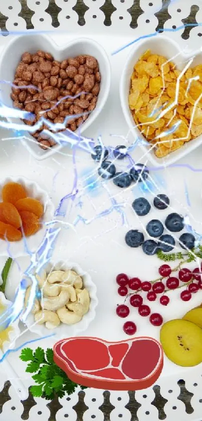 Tray with colorful fruits and cereals on a decorative white plate.