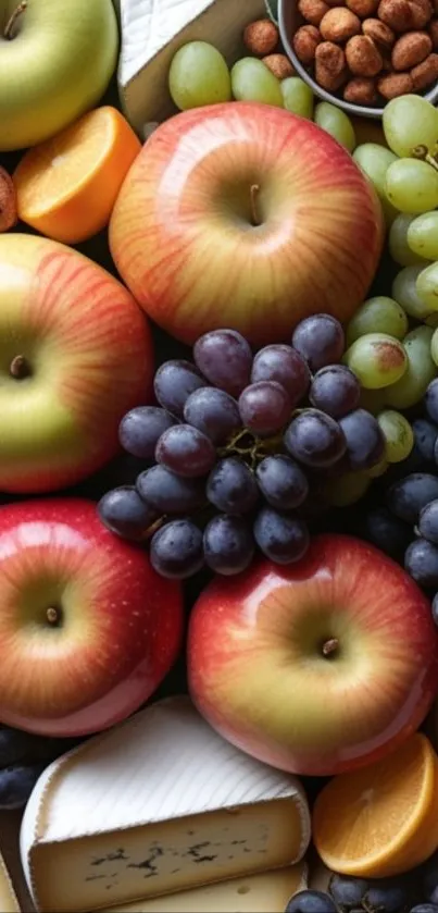 A vibrant wallpaper showcasing fresh fruits and cheese platter.