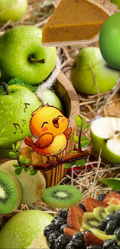 Colorful wallpaper with fruits and desserts including green apples and kiwi.