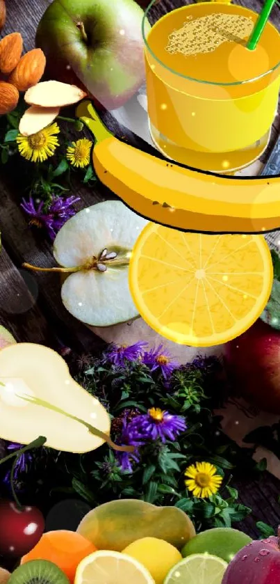 Colorful wallpaper with fruits and juice against a wooden background.