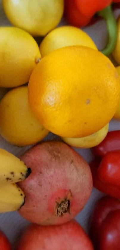 Colorful fruits and vegetables, including oranges and peppers.