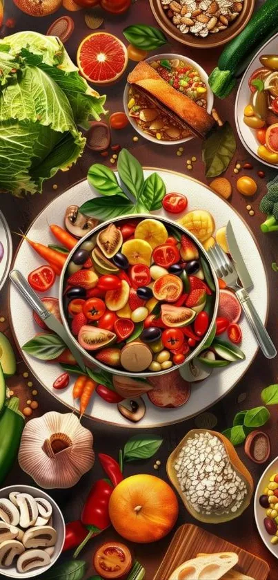 Colorful arrangement of fresh fruits and vegetables on a table.