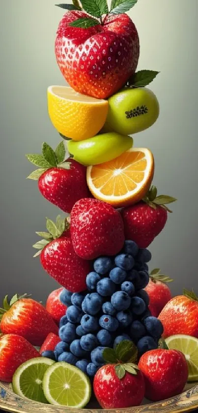 Vibrant stack of colorful fruits displayed artistically on a golden plate.