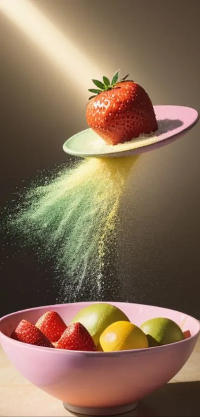 Artistic fruit bowl with strawberry and powder effect.