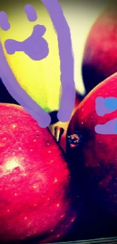 Vibrant fruit wallpaper with bananas and doodle-enhanced red apples.