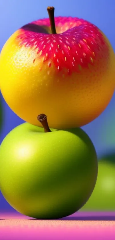 Realistic apples stacked on a vibrant blue-green background.