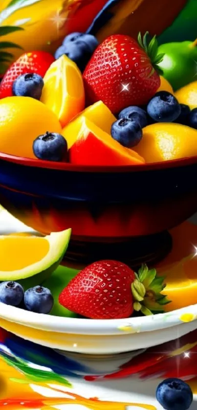 Colorful fruit bowl wallpaper with strawberries and blueberries.