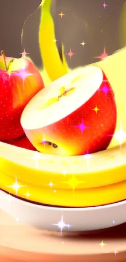 Vibrant mobile wallpaper with bananas and apples in a white bowl.