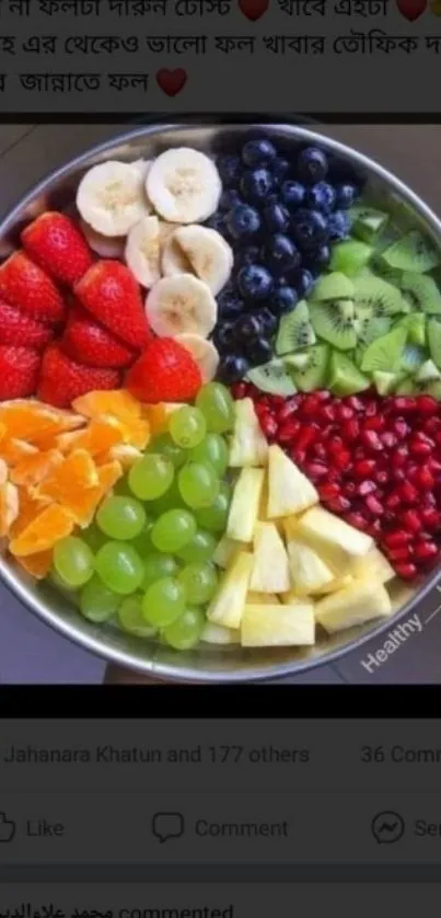 A vibrant fruit bowl with strawberries, bananas, kiwis, and more in a circular pattern.