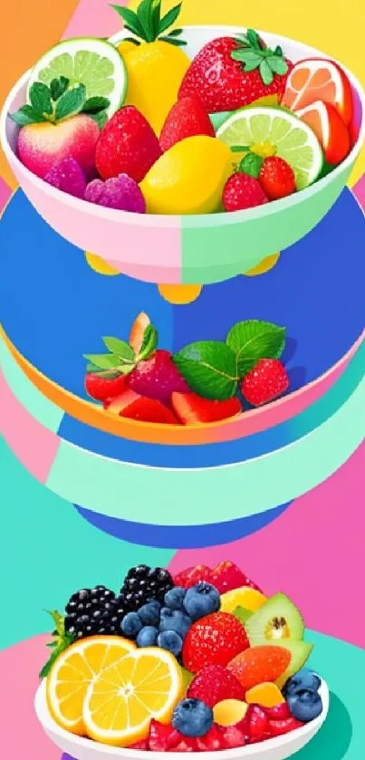 Vibrant mobile wallpaper with colorful fruit bowls on a pink background.