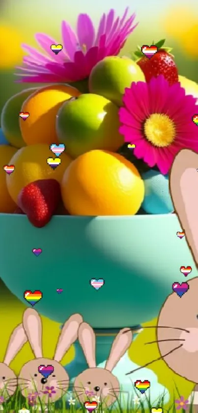 Colorful bowl of fruits with cartoon bunnies in a spring scene.