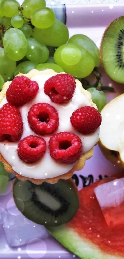 Colorful fruit arrangement with watermelon, grapes, kiwi, pear, and raspberries.