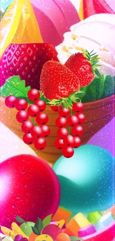 Vibrant wallpaper with fruits and ice cream in rich colors.