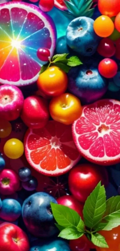 Vibrant, colorful assortment of fruits creating a lively mobile wallpaper.