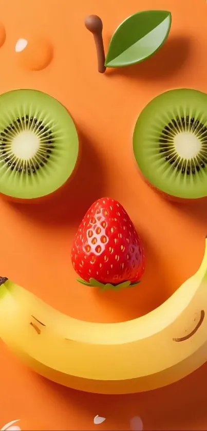 Playful fruit face mobile wallpaper with kiwi, strawberry, and banana on orange.