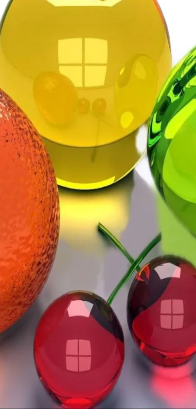 Vibrant glass fruit orbs in red, yellow, and green hues on wallpaper.