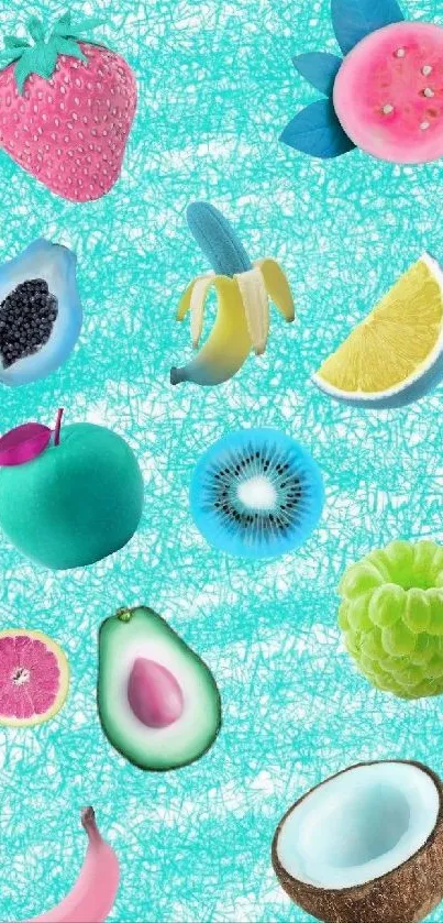 Vibrant fruit illustrations on a light blue textured background.