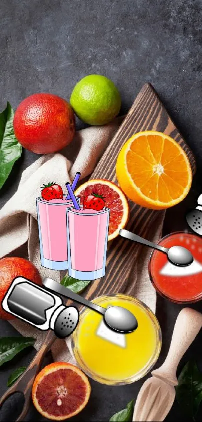 Colorful fruits and juice illustration on a dark gray background.