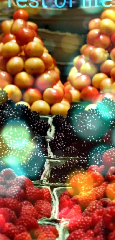 Colorful fruit market with berries and vibrant produce.