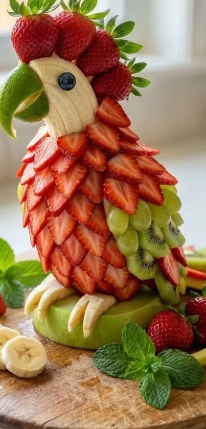 Fruit parrot sculpture with strawberries and bananas.