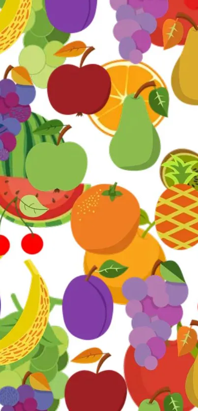 Colorful fruit pattern wallpaper with apples, grapes, and more.