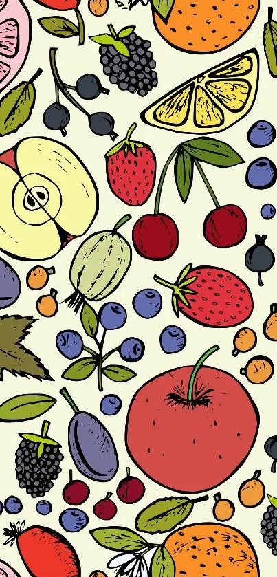 Colorful fruit pattern mobile wallpaper with apples and berries.